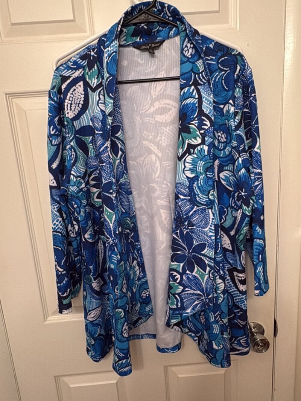 Slinky Brand Size 1X Blue Floral Open-Front Cardigan